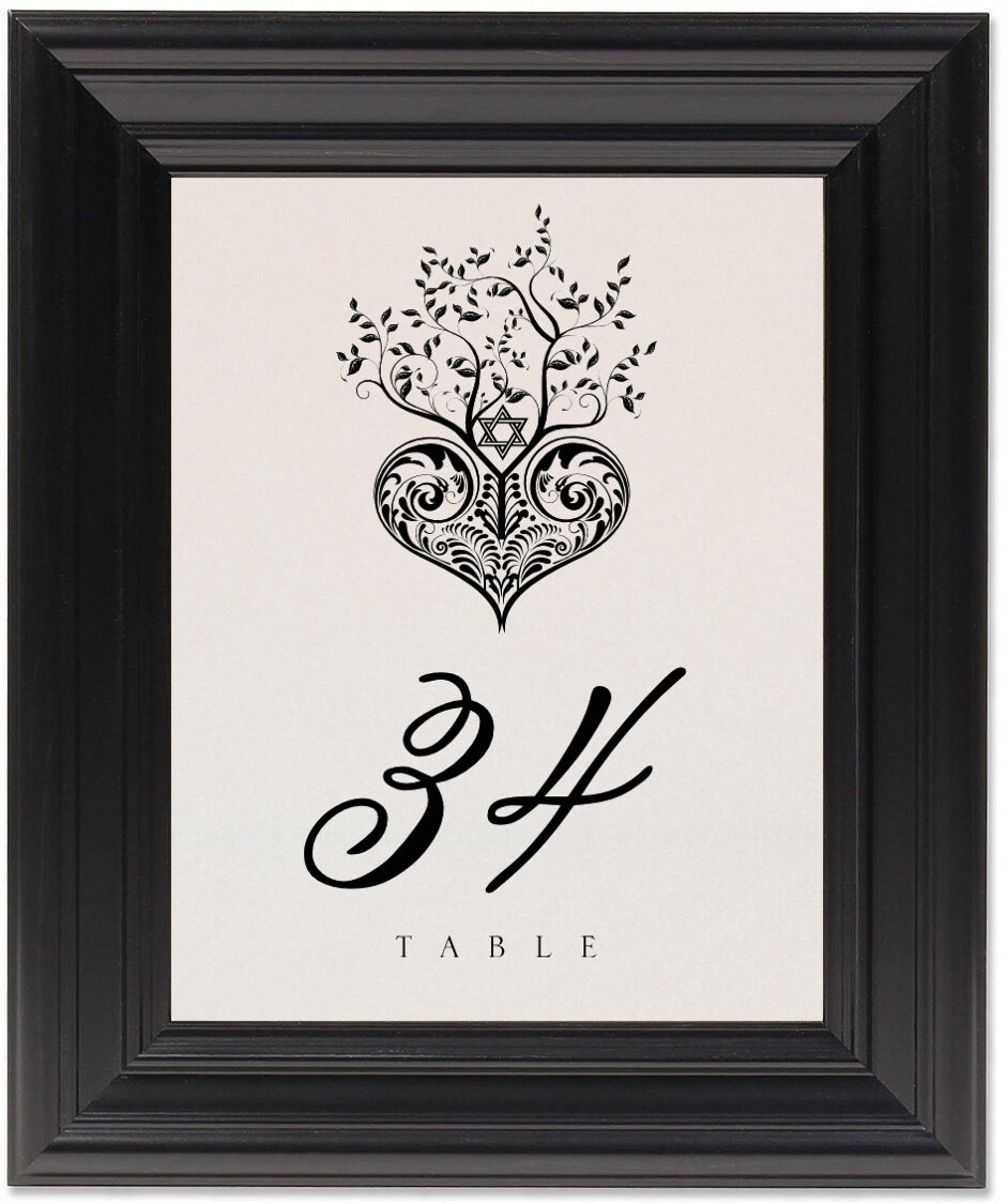 Hebrew and Jewish Contemporary Tree of Life Heart Wedding Table Number